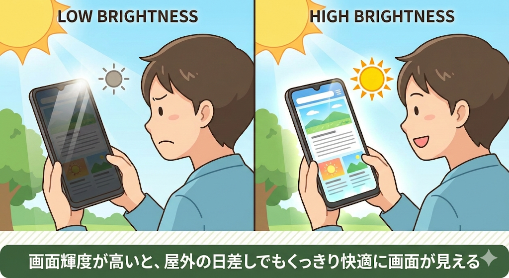 最高画面輝度は、明るければ明るいほど屋外の日差しでも画面が快適に見えます。実用に直結する大切な要素です。